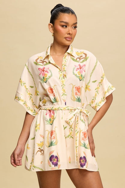  Kayley Floral Shirt Romper, Cream