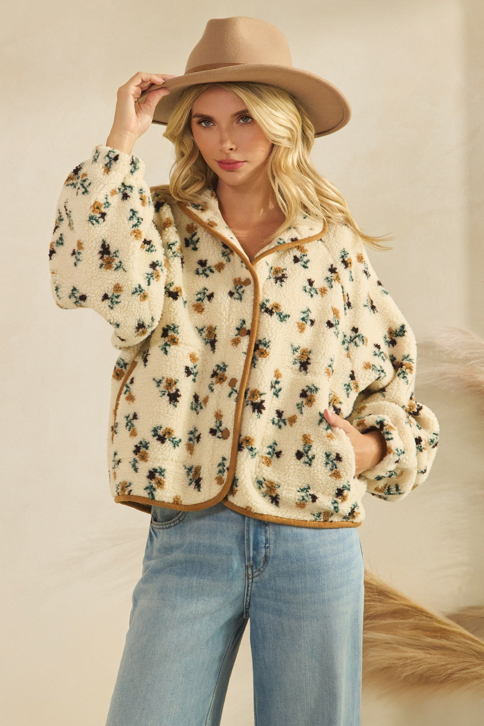  Flora Printed Sherpa Jacket, Brown