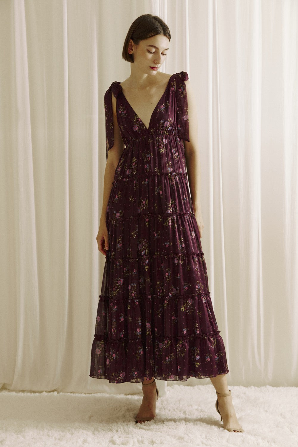  Gigi Tie Strap Printed Maxi Dress, Plum Multi Floral