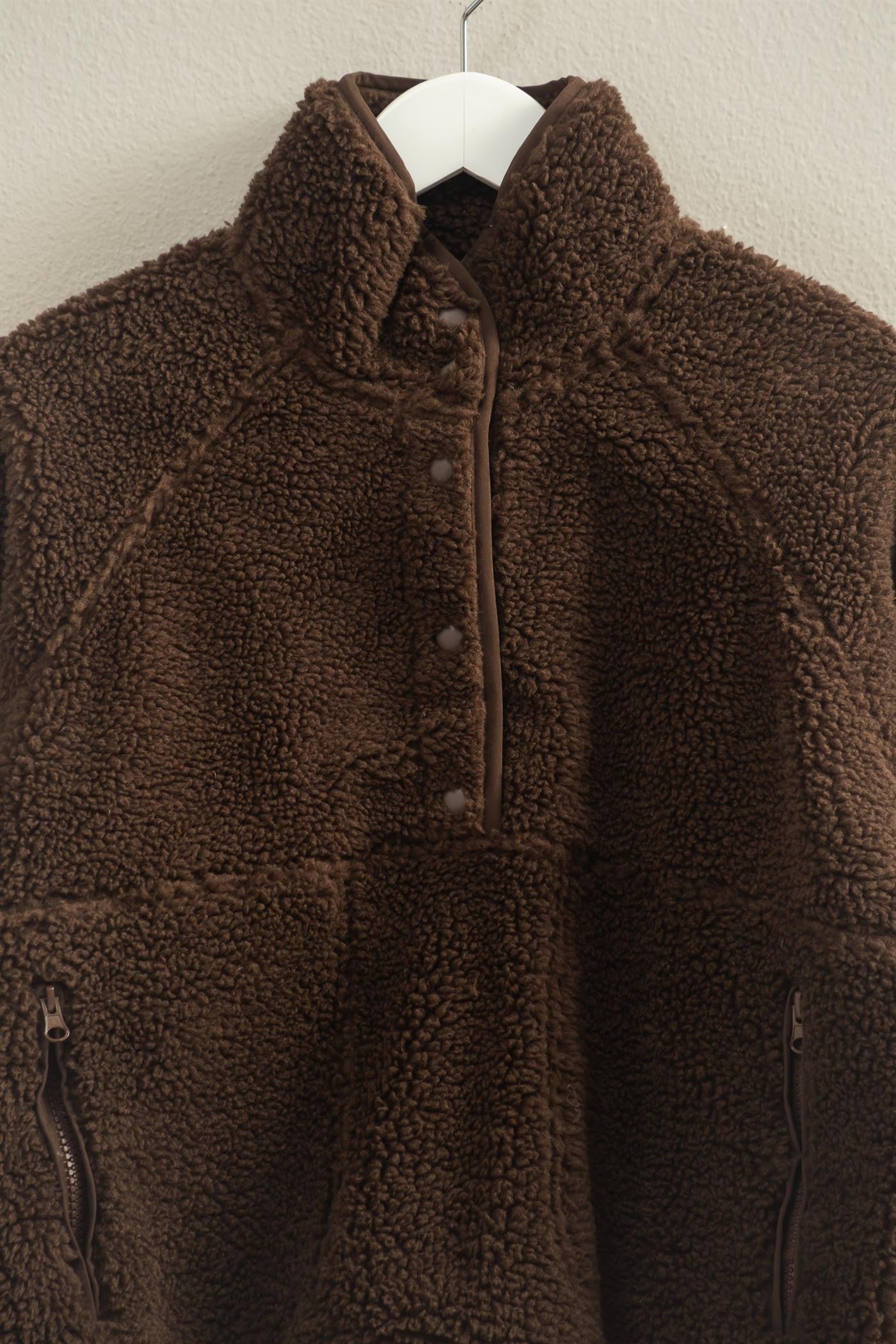  Aria Sherpa Button Neck Jacket, Brown