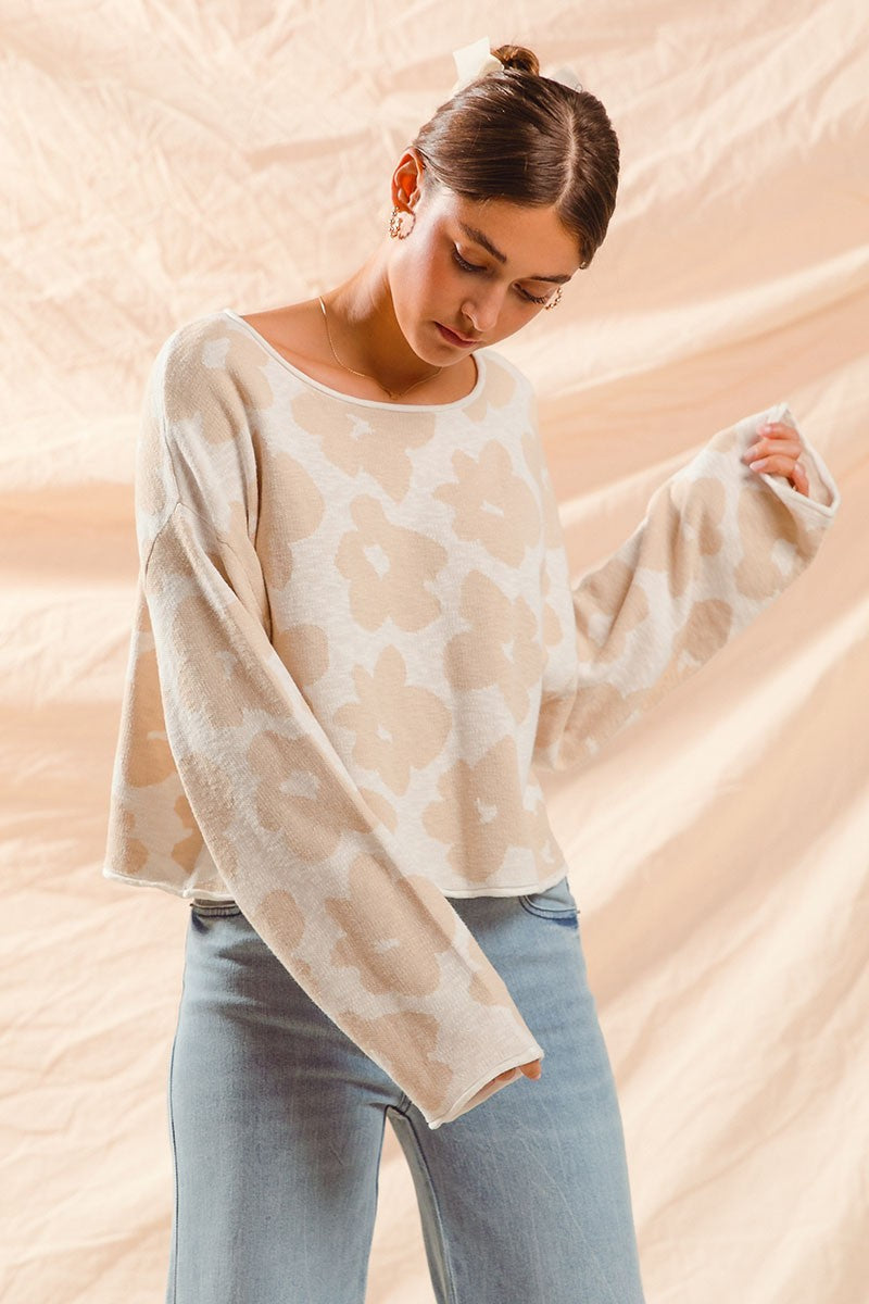  Shiloh Loose Fit Flower Sweater, Oatmeal/Ivory
