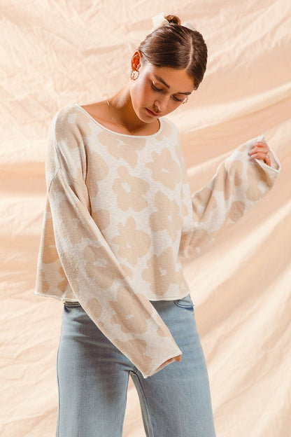  Shiloh Loose Fit Flower Sweater, Oatmeal/Ivory