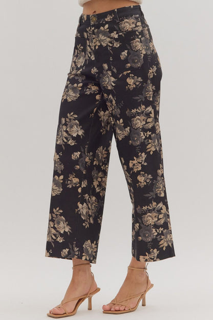  Aubrey Floral Mid Rise Ankle Pants, Black