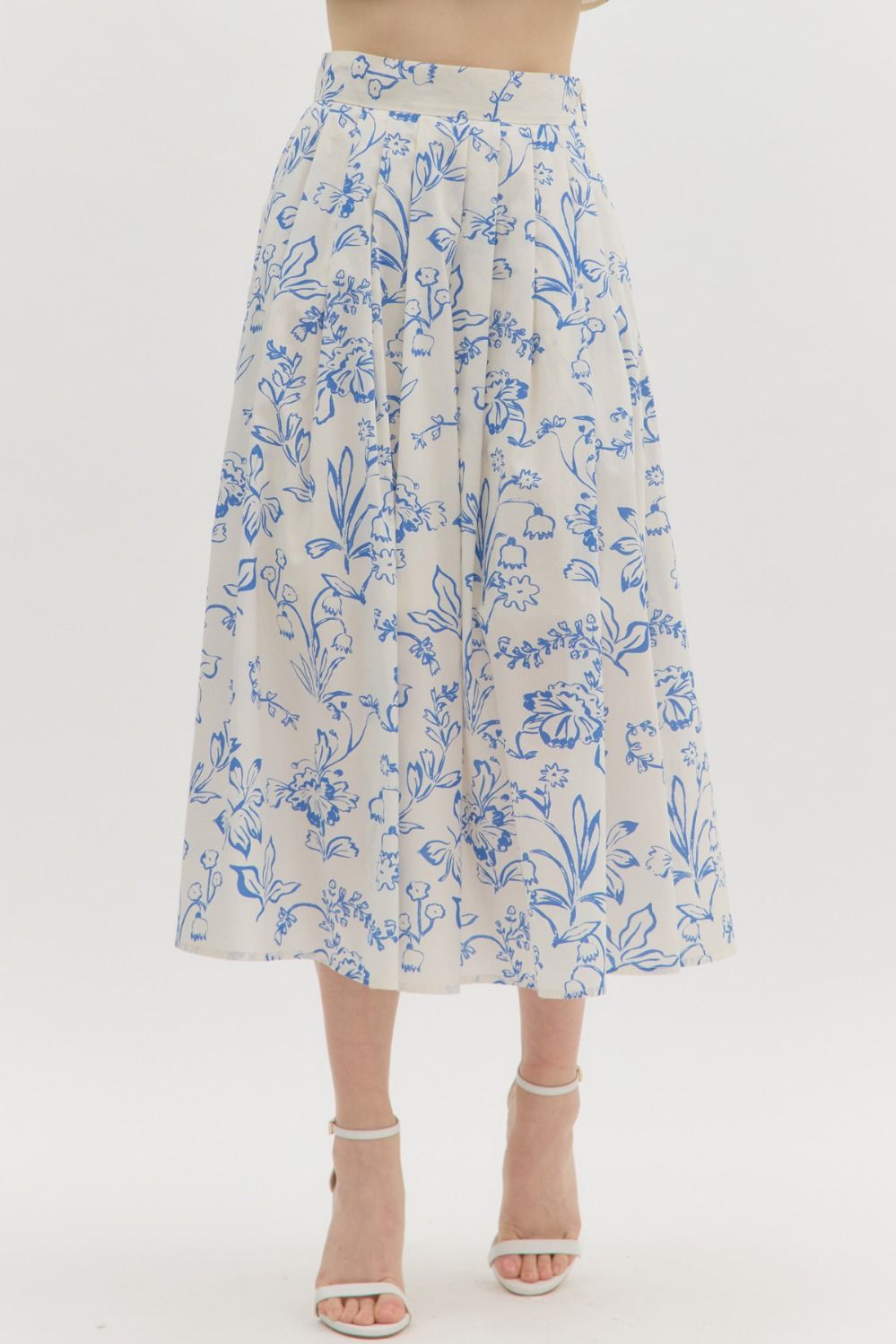  Brynn Floral Pleated Midi Skirt, Cream Blue