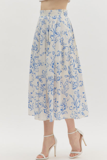  Brynn Floral Pleated Midi Skirt, Cream Blue