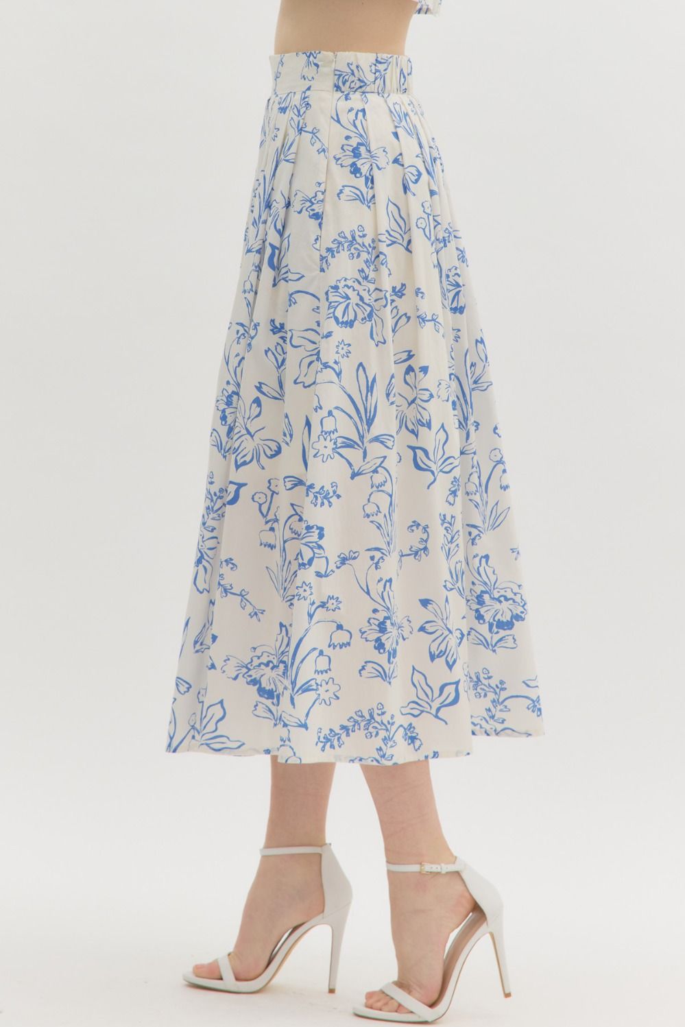  Brynn Floral Pleated Midi Skirt, Cream Blue