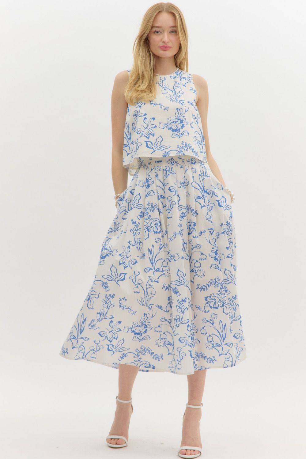  Brynn Floral Pleated Midi Skirt, Cream Blue