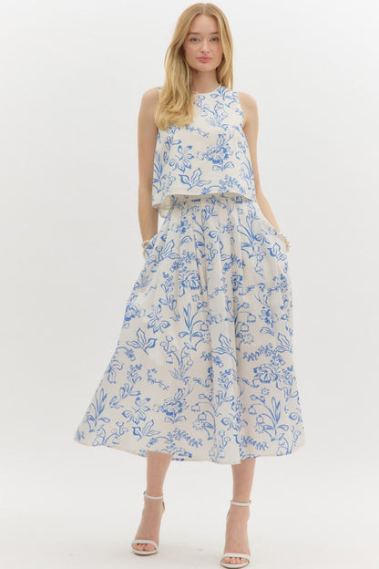  Brynn Floral Pleated Midi Skirt, Cream Blue