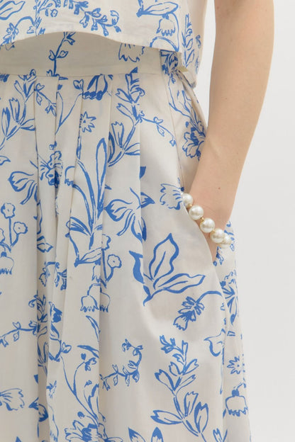  Brynn Floral Pleated Midi Skirt, Cream Blue