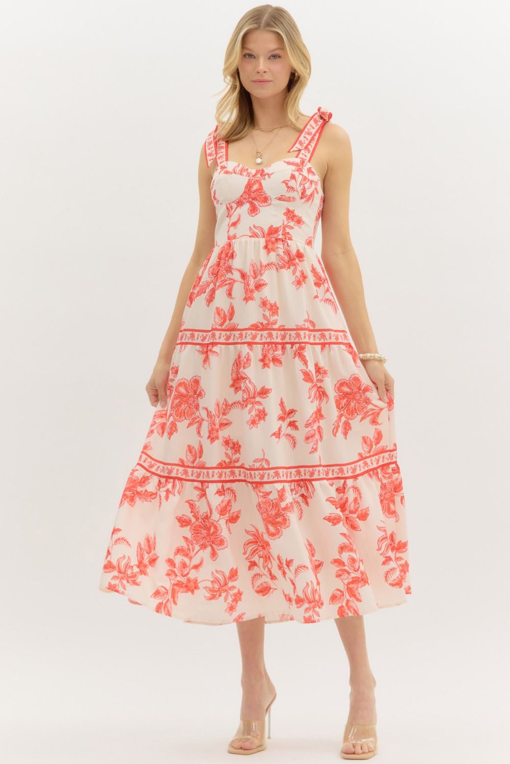  Milena Floral Shoulder Tie Bustier Dress, Sunset