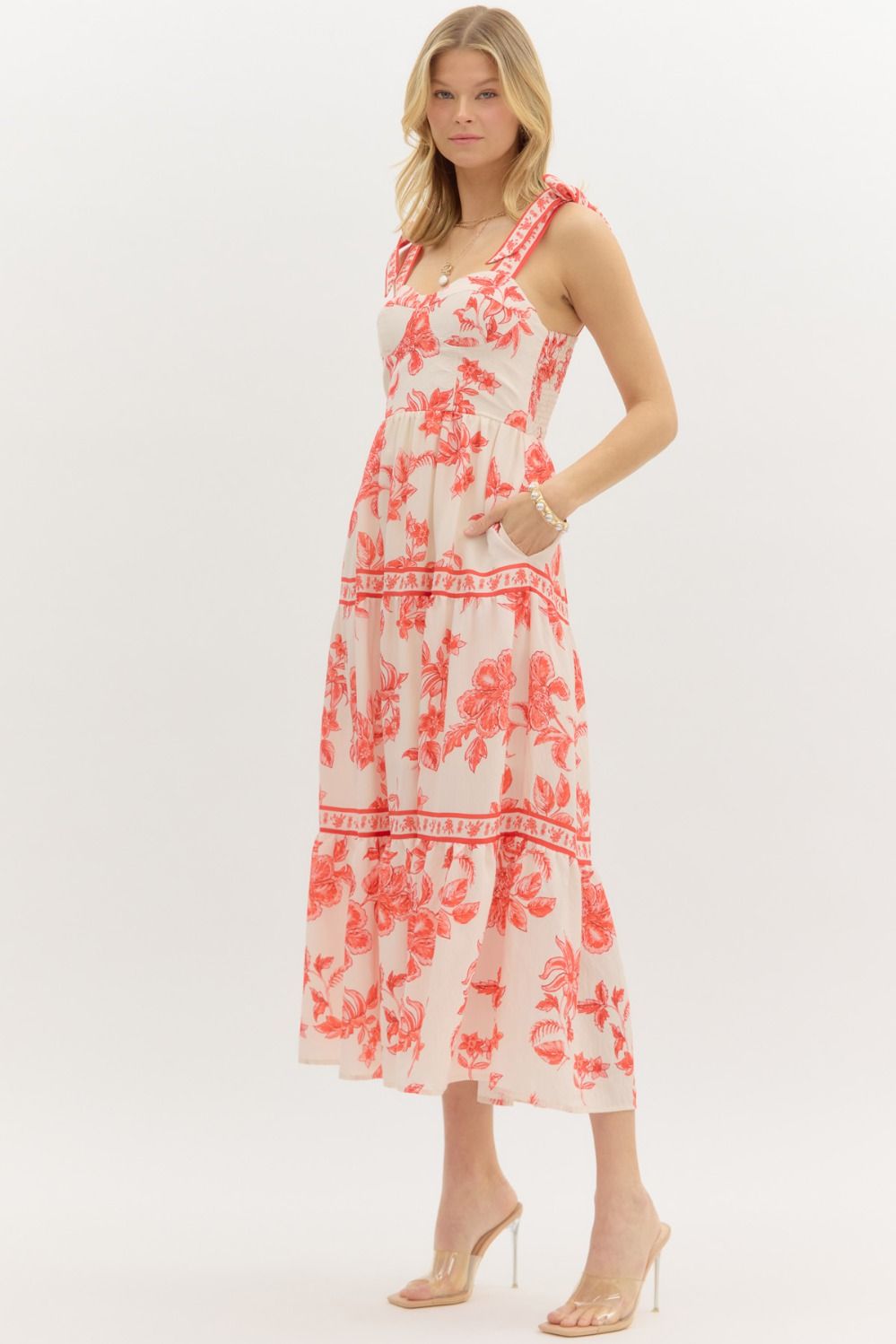  Milena Floral Shoulder Tie Bustier Dress, Sunset
