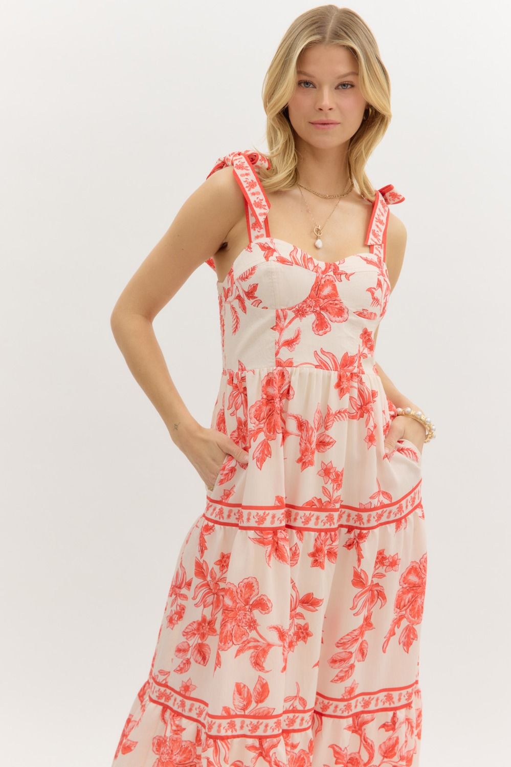  Milena Floral Shoulder Tie Bustier Dress, Sunset