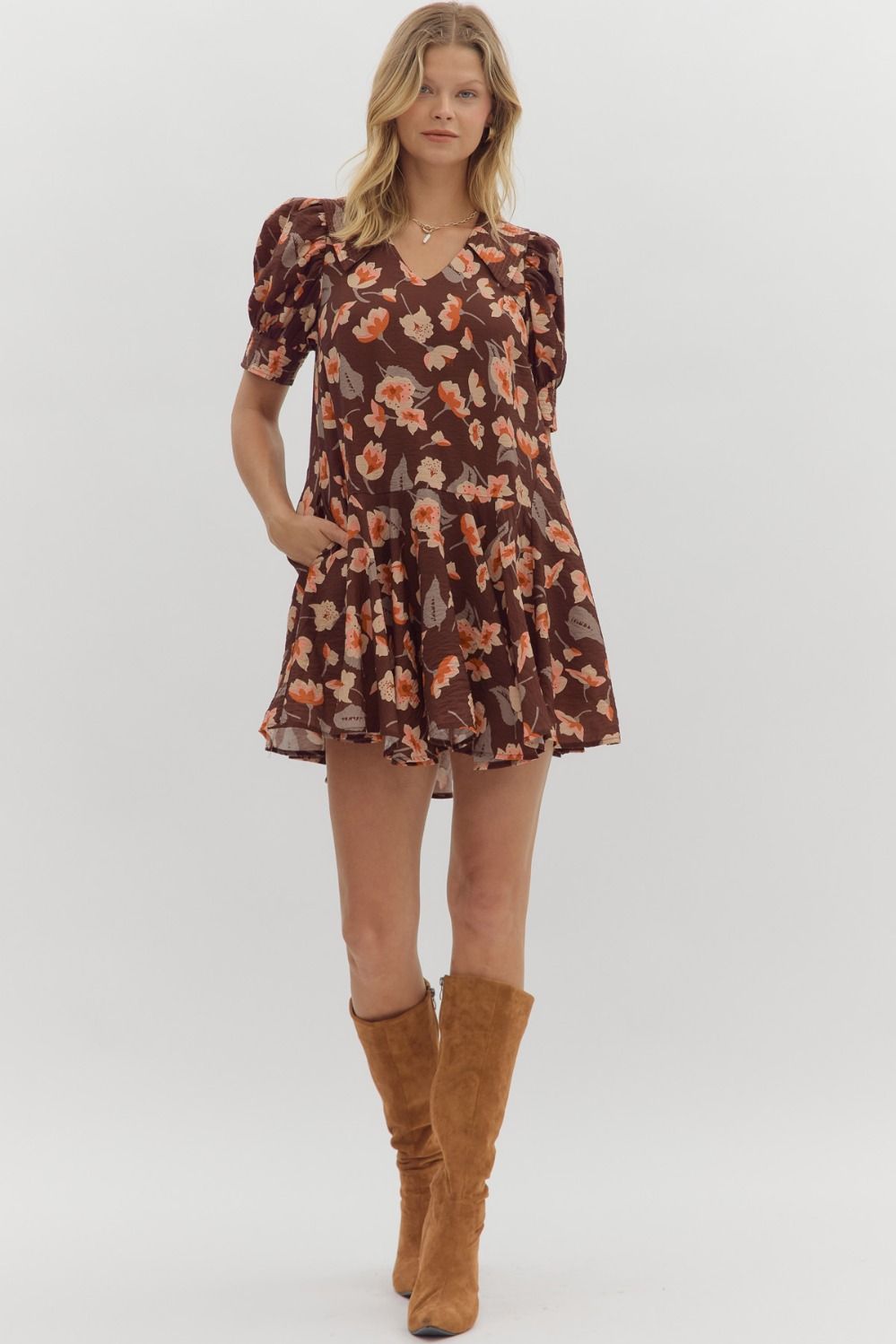  Delilah Floral Collared Dress, Brown