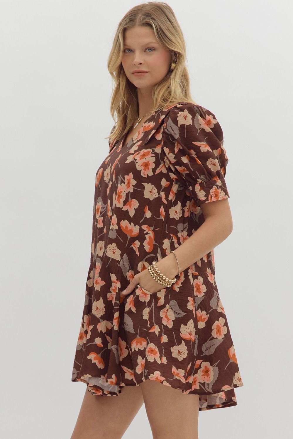  Delilah Floral Collared Dress, Brown