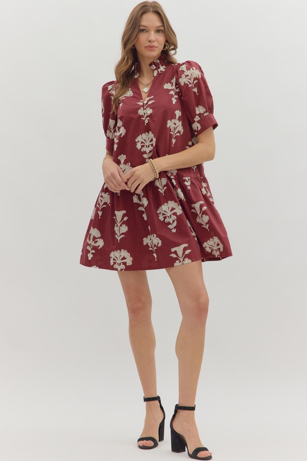  Zoe Printed Mini Dress, Garnet