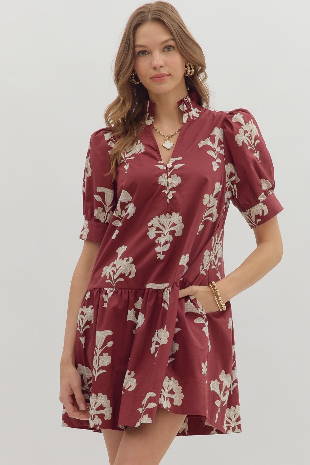  Zoe Printed Mini Dress, Garnet