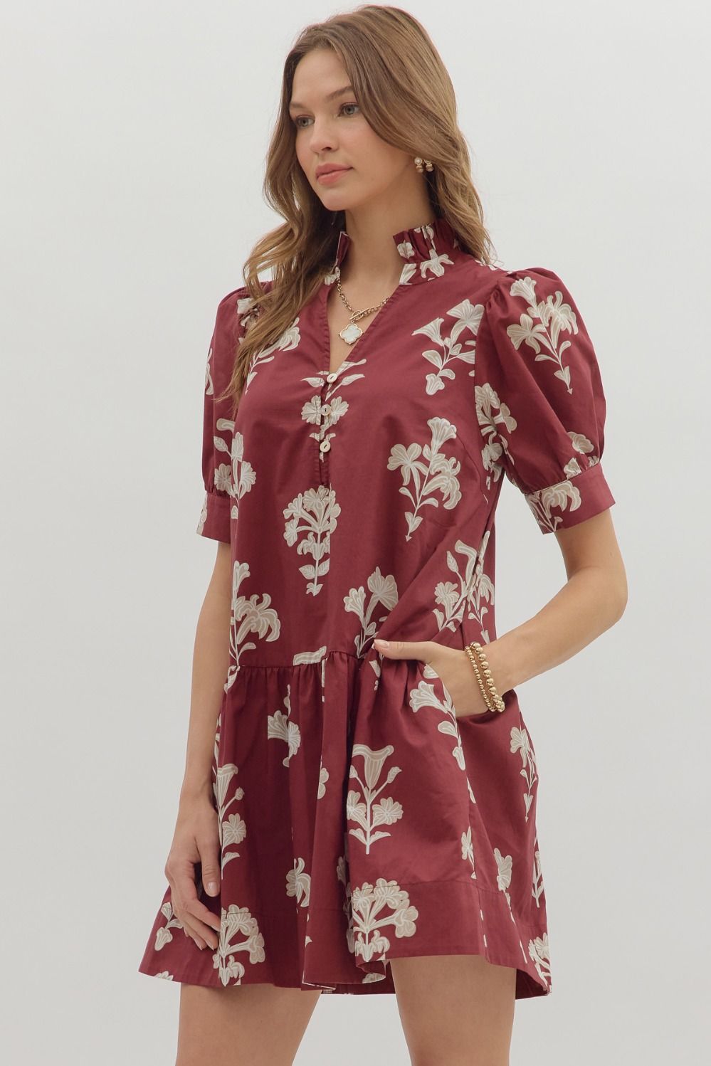  Zoe Printed Mini Dress, Garnet