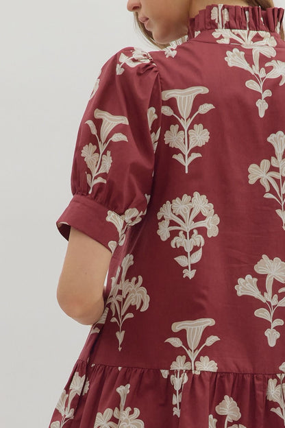  Zoe Printed Mini Dress, Garnet