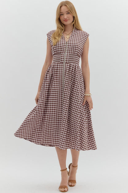  Millie Gingham Print Zip Up Dress, Chocolate