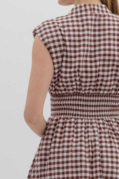  Millie Gingham Print Zip Up Dress, Chocolate