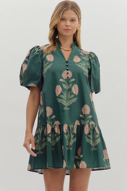  Avery Floral Bubble Sleeve Dress, Hunter Green