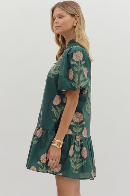 Avery Floral Bubble Sleeve Dress, Hunter Green