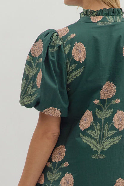  Avery Floral Bubble Sleeve Dress, Hunter Green