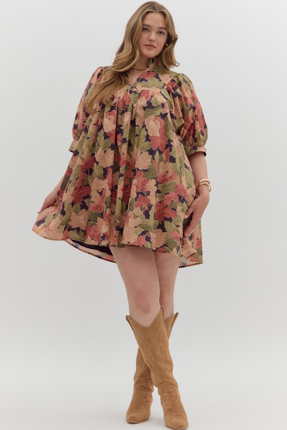  Magnolia Floral Ruffle Neck Dress, Brown | Plus Size