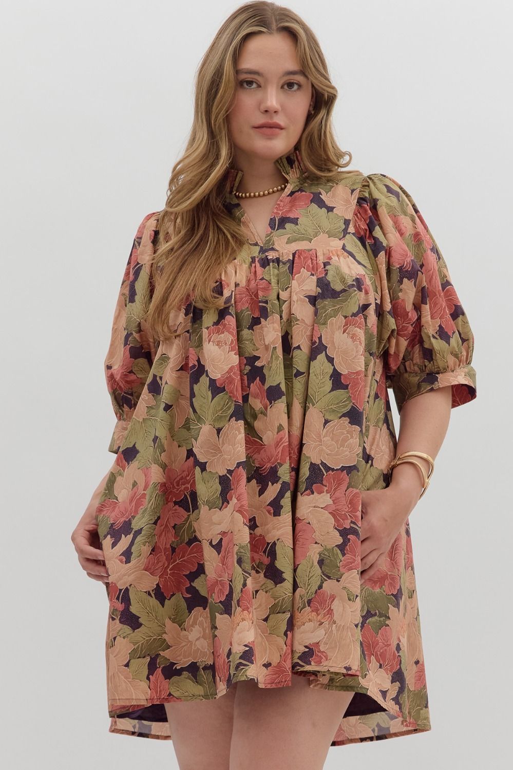  Magnolia Floral Ruffle Neck Dress, Brown | Plus Size