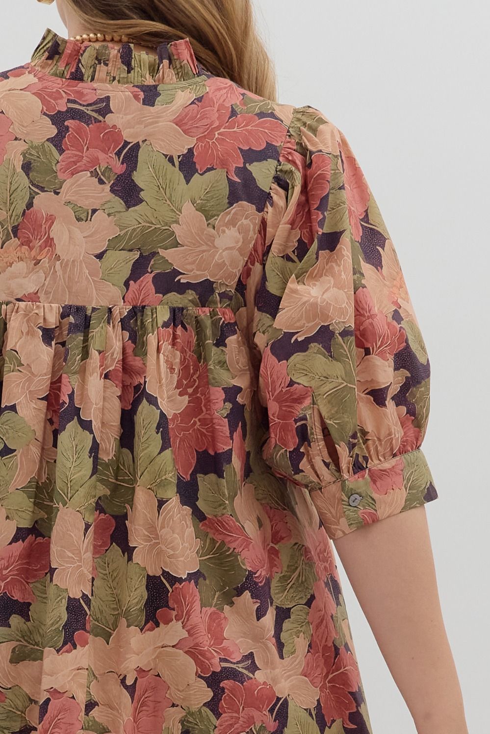  Magnolia Floral Ruffle Neck Dress, Brown | Plus Size