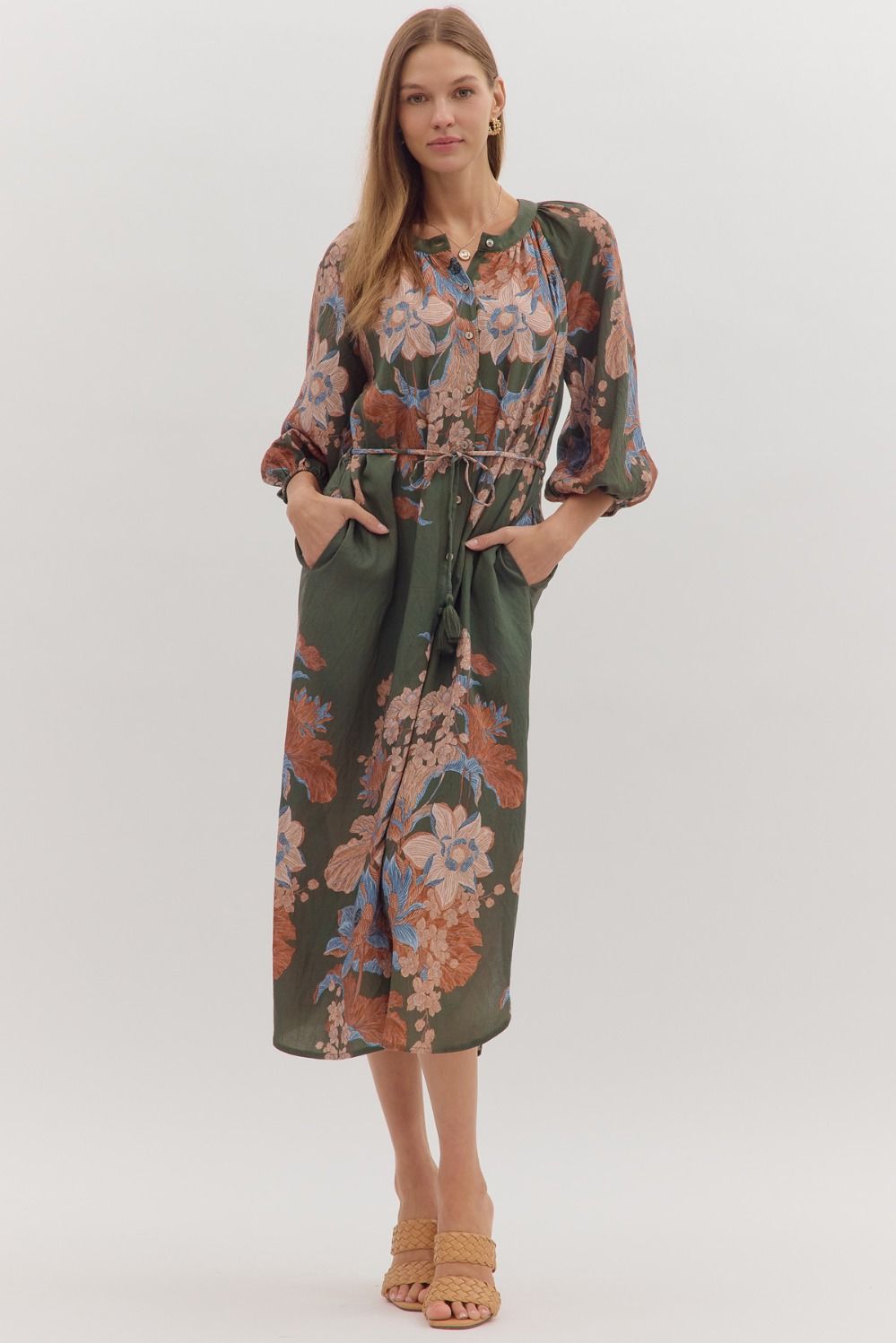  Delaney Floral Print Dress, Olive