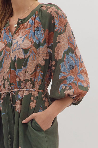  Delaney Floral Print Dress, Olive