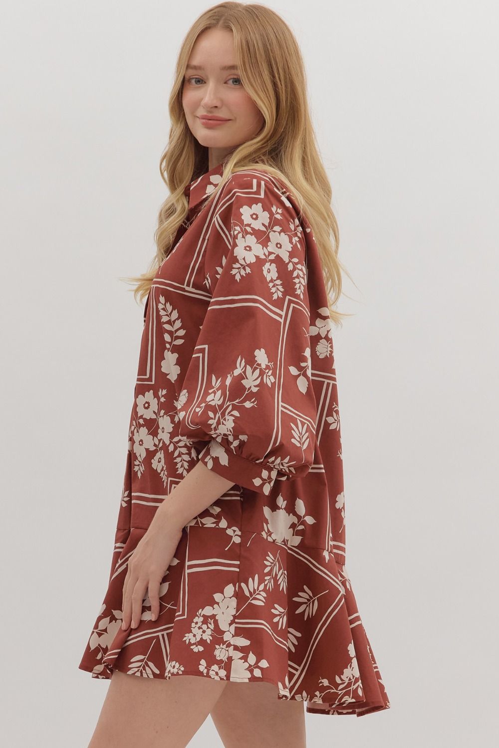  Charlie Printed Collared Mini Dress, Red Brown