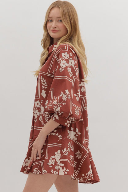  Charlie Printed Collared Mini Dress, Red Brown