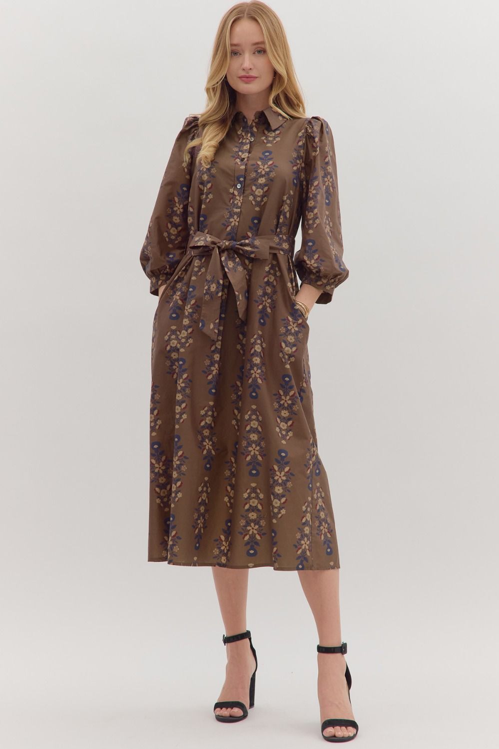  Kara Floral Midi Dress, Brown