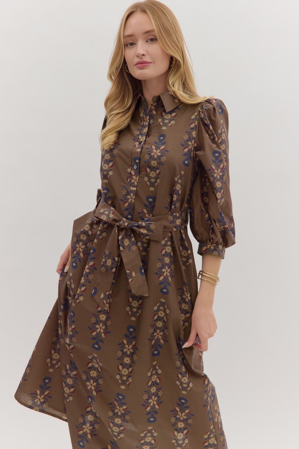  Kara Floral Midi Dress, Brown