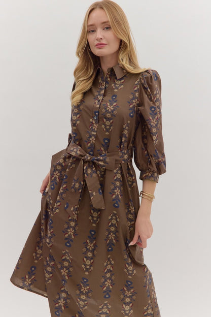  Kara Floral Midi Dress, Brown