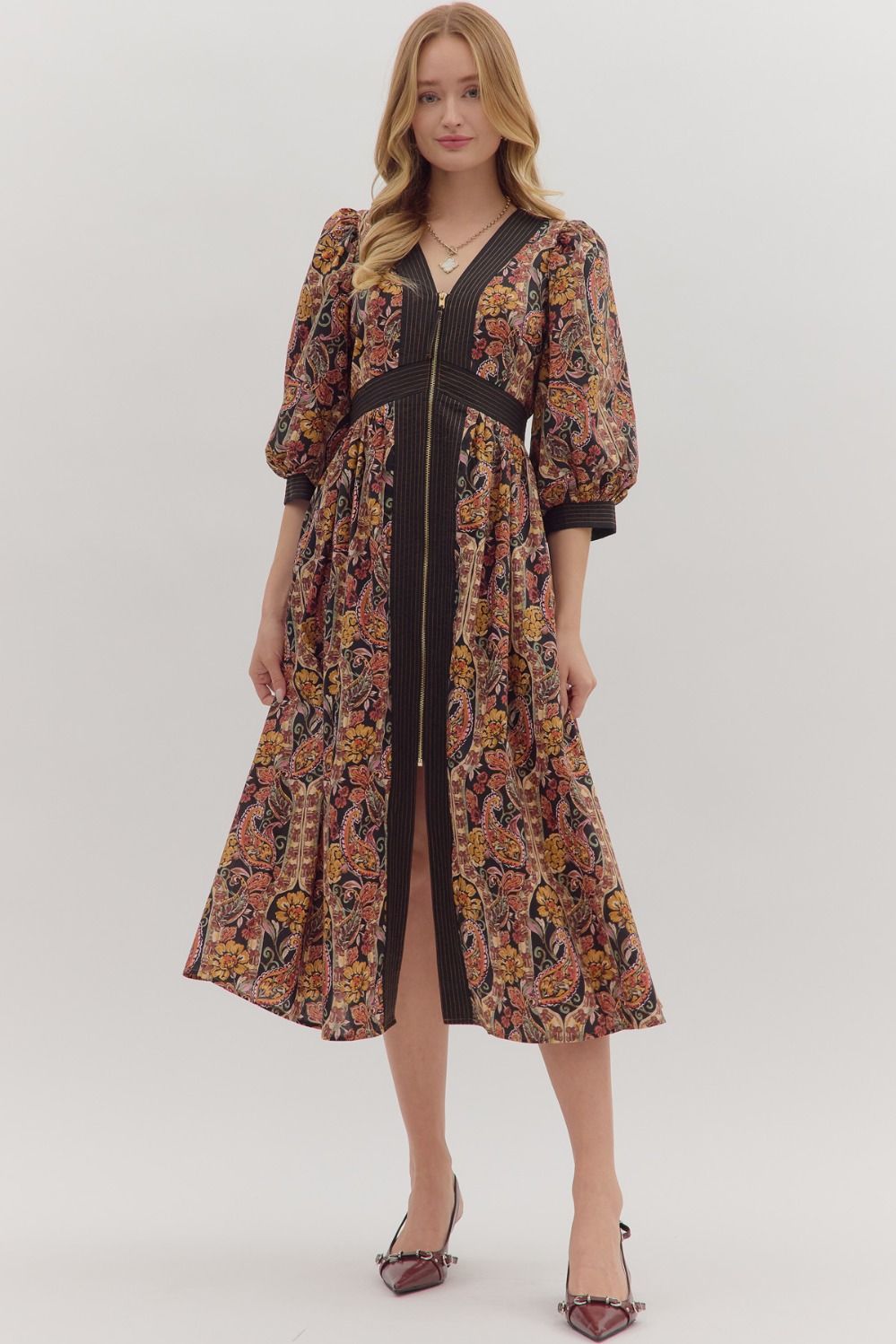  Eleanor Paisley Midi Dress, Black