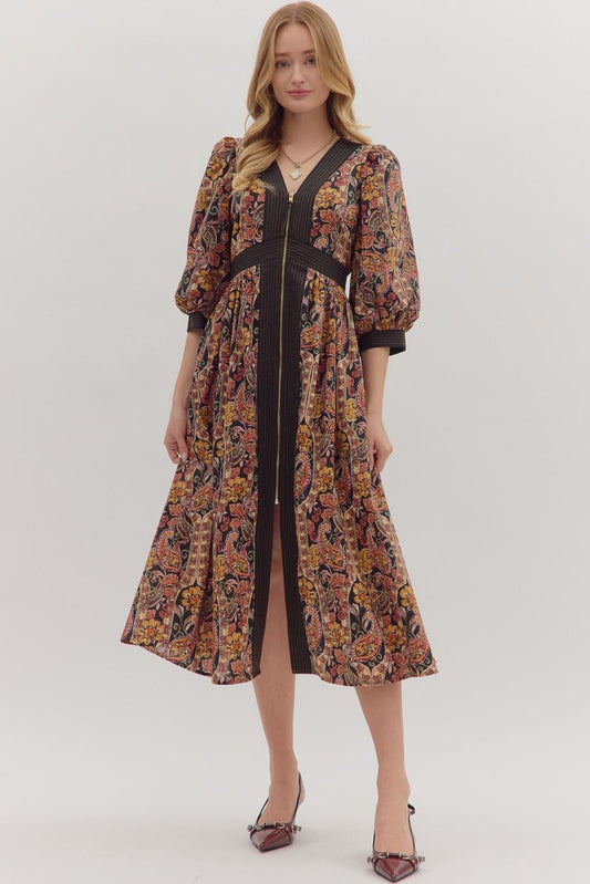  Eleanor Paisley Midi Dress, Black