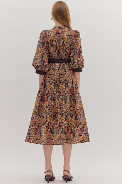  Eleanor Paisley Midi Dress, Black