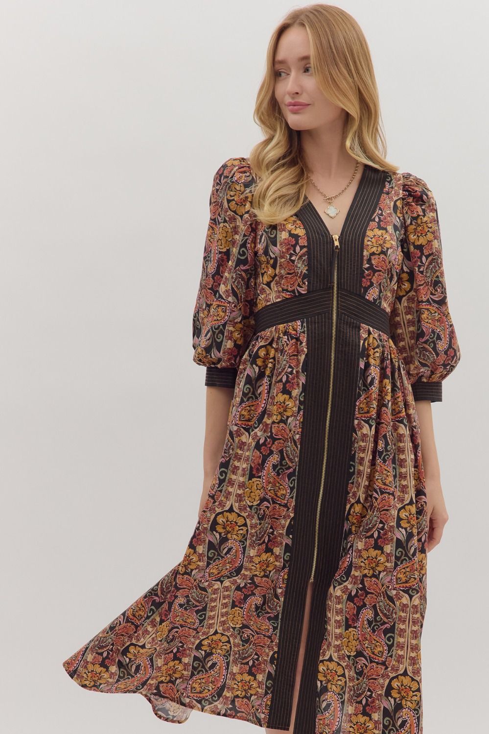  Eleanor Paisley Midi Dress, Black