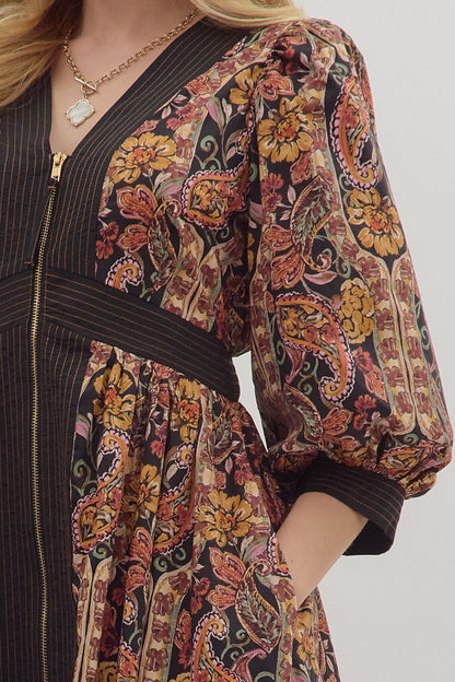  Eleanor Paisley Midi Dress, Black