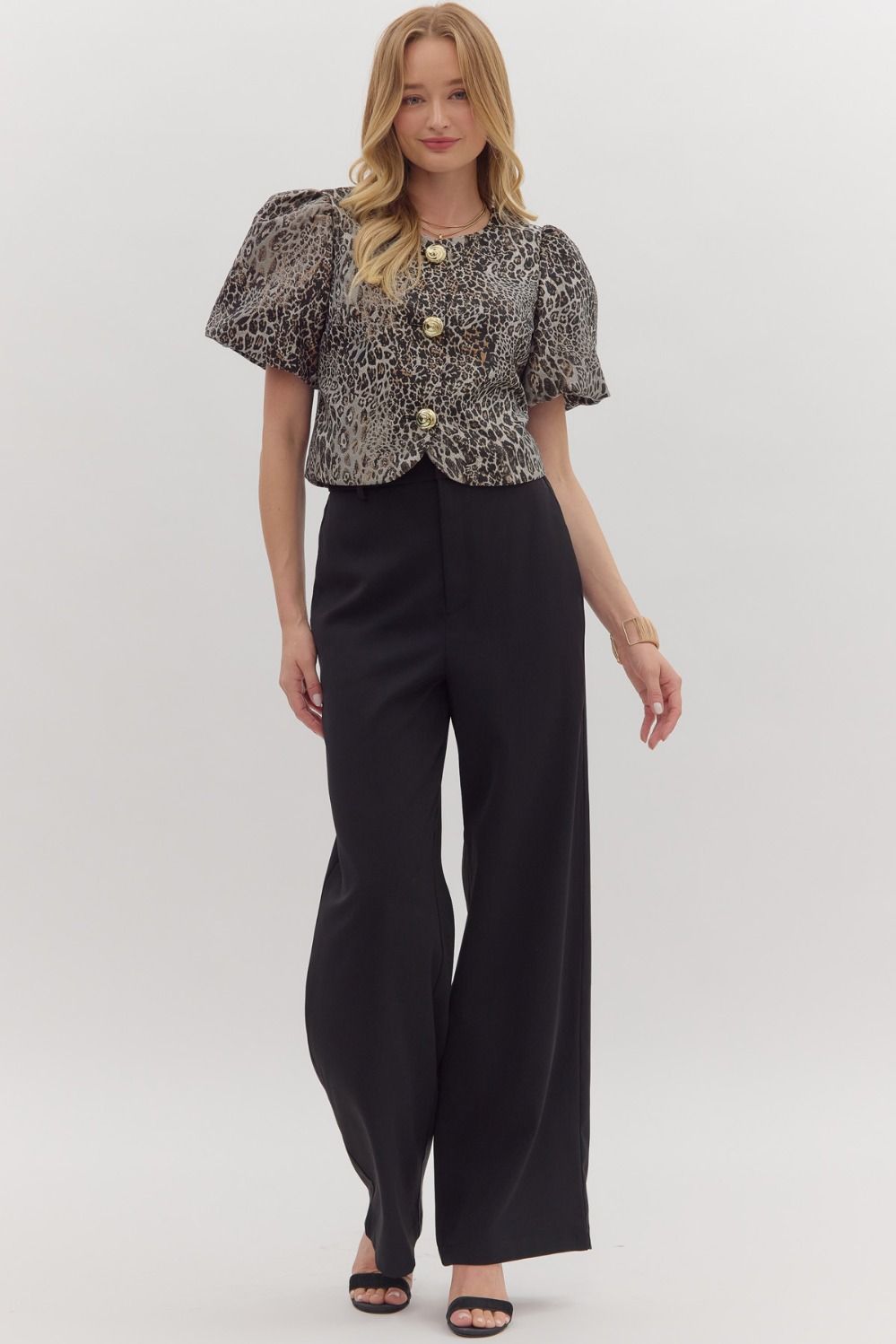  Faye Puff Sleeve Leopard Jacket, Black