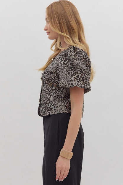  Faye Puff Sleeve Leopard Jacket, Black