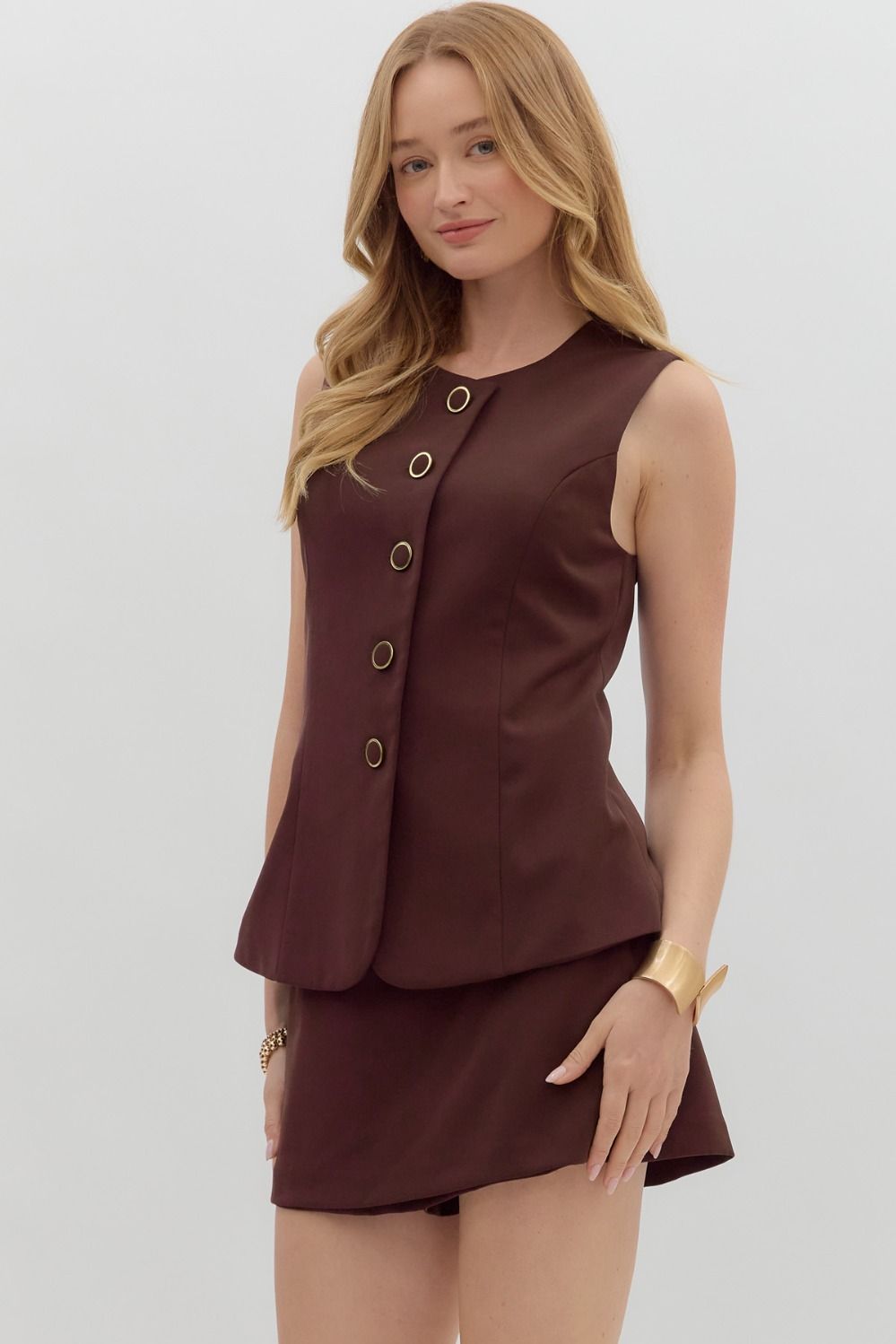  Geraldine Solid Button Down Romper, Chocolate