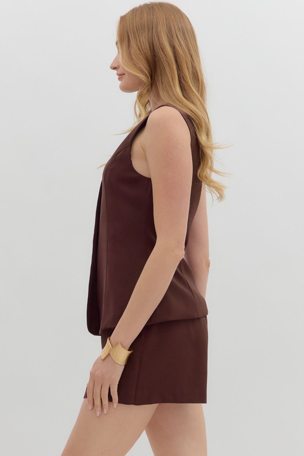  Geraldine Solid Button Down Romper, Chocolate
