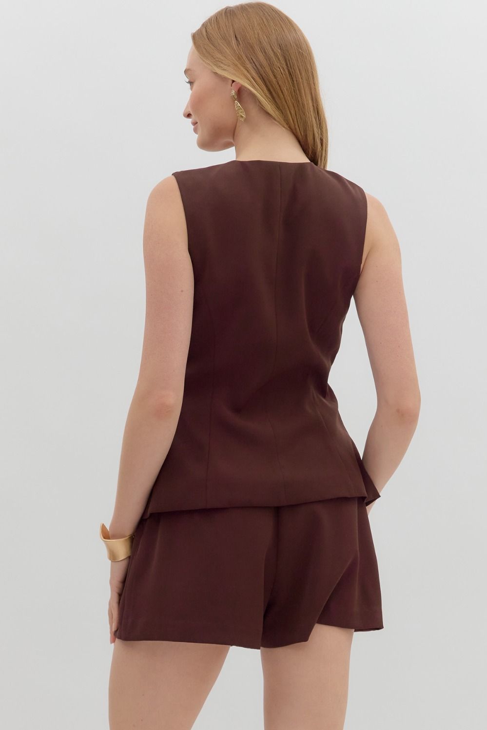  Geraldine Solid Button Down Romper, Chocolate
