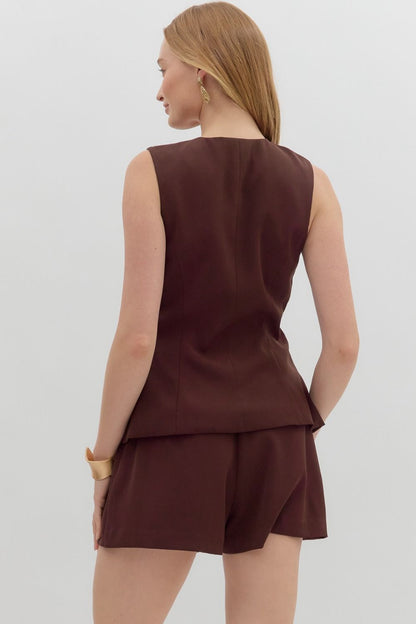  Geraldine Solid Button Down Romper, Chocolate