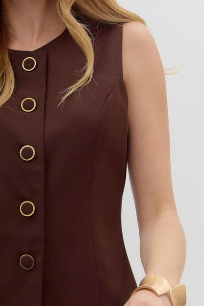  Geraldine Solid Button Down Romper, Chocolate