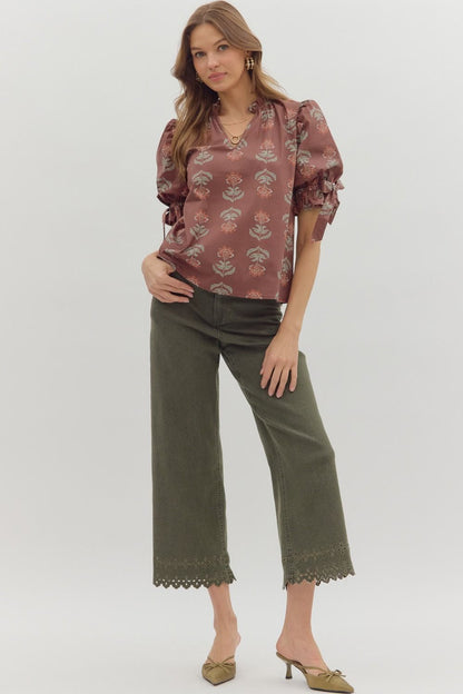  Athena Floral Print Ruffle Neck Top, Brown